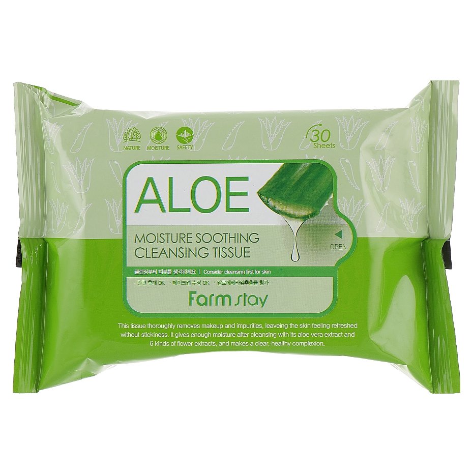 Очищающие салфетки с экстрактом алоэ Farm Stay Aloe Moisture Soothing Cleansing Tissue 30 шт - основное фото