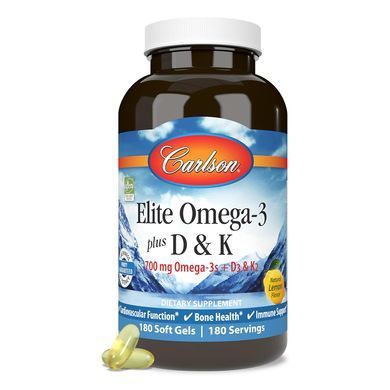 Омега-3 Элит с витаминами D3 и K2 со вкусом лимона Carlson Labs Elite Omega-3 Plus D & K 700 mg 180 шт - основное фото