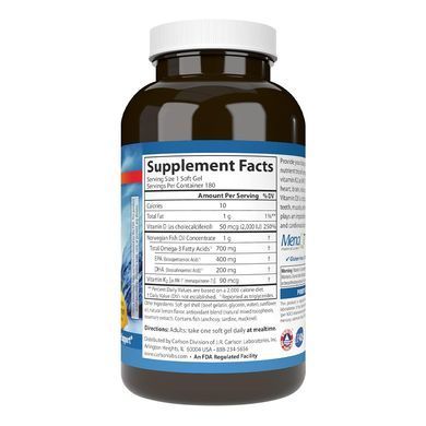 Омега-3 Элит с витаминами D3 и K2 со вкусом лимона Carlson Labs Elite Omega-3 Plus D & K 700 mg 180 шт - основное фото