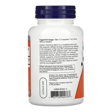 Ацетил L-карнітин Now Foods Acetyl L-Carnitine 500 mg 100 шт - основне фото