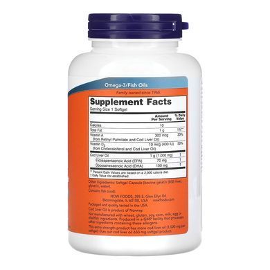 Жир з печінки тріски Now Foods Cod Liver Oil 1000 mg 180 шт - основне фото