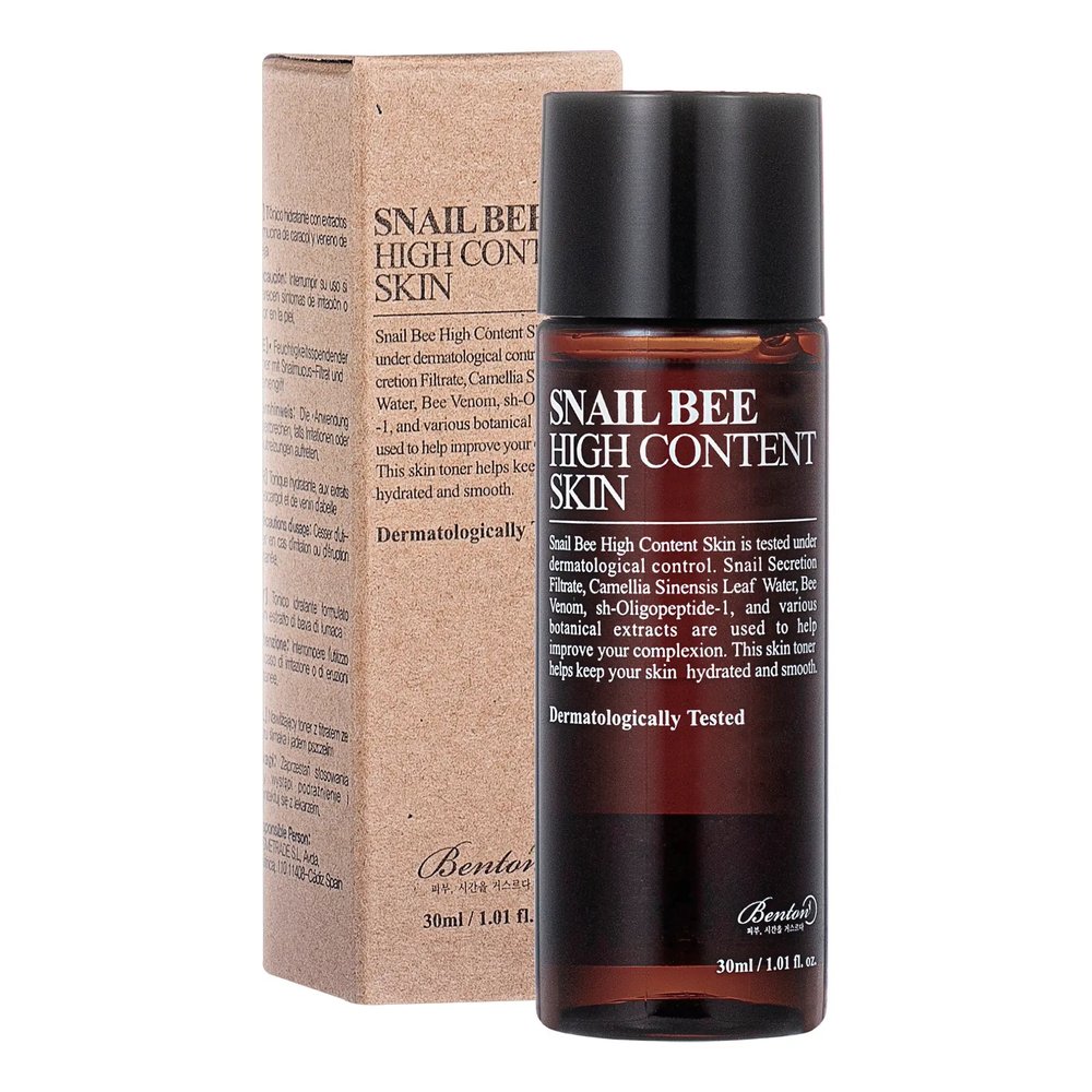 Зволожувальний тонер з муцином равлика і бджолиною отрутою BENTON Snail Bee High Content Skin Toner 30 мл - основне фото